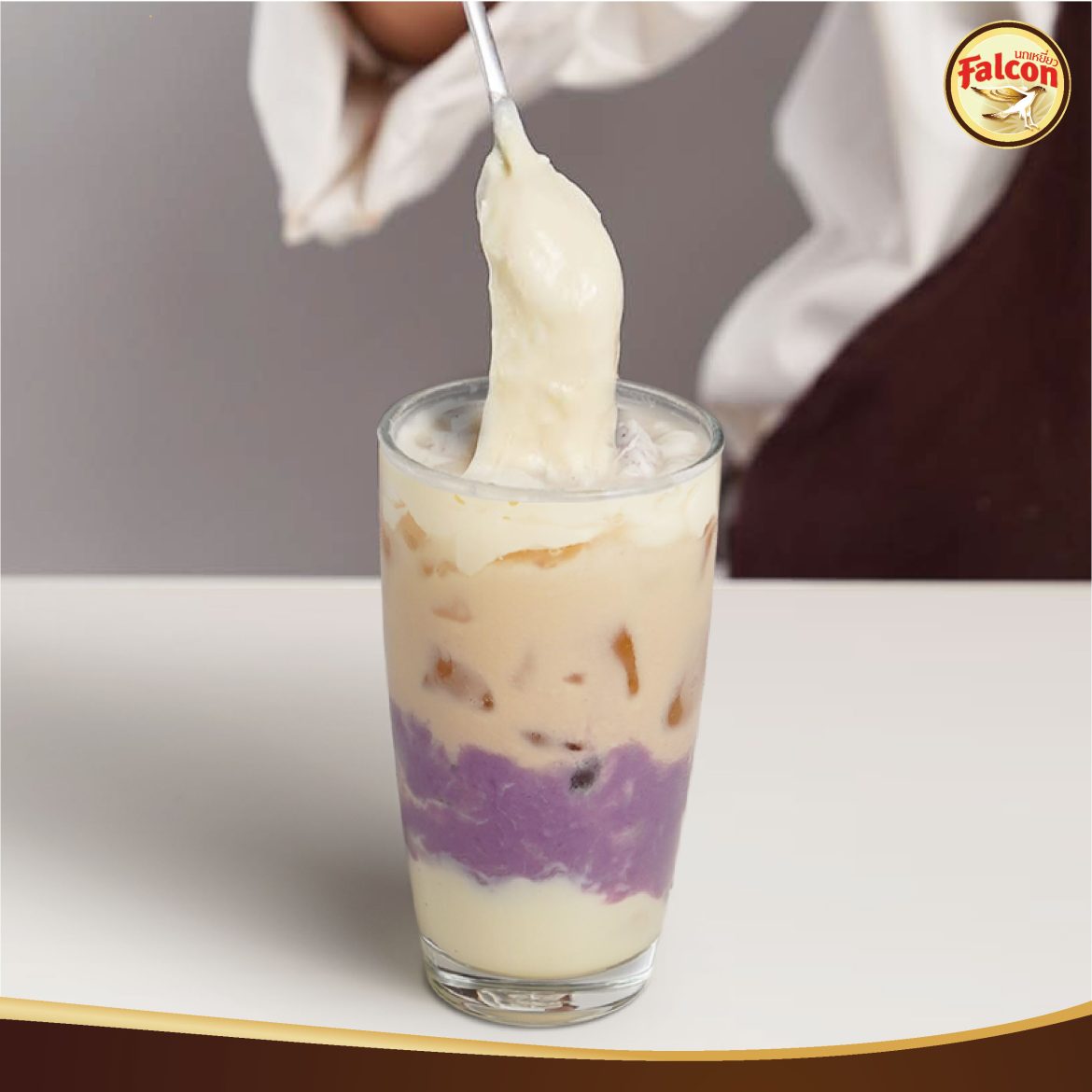 เมนูชานมเผือกโมจิ จากข้นจืด นกเหยี่ยว ฟอลคอน เอ็กซ์ตร้า และครีมเทียมข้นหวานชนิดพร่องไขมัน