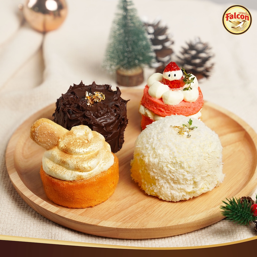 SET BOX เค้กขายดี ต้อนรับช่วงเทศกาล จากผลิตภัณฑ์นมข้นจืด ตรานกเหยี่ยว ฟอลคอน และ ข้นหวาน ตรานกเหยี่ยว ฟอลคอน (ฟอลคอนถุงบีบ) และ นมสำหรับตีฟองและผสมเครื่องดื่ม ตรานกเหยี่ยว ฟอลคอน